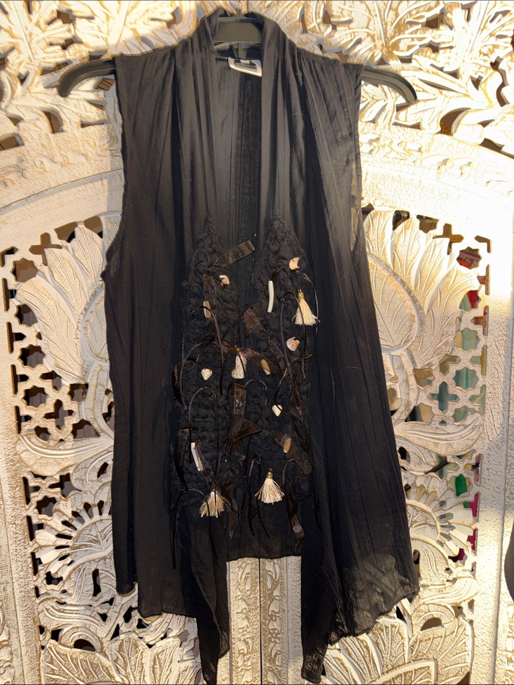 Black Embroidered Sheer Sleeveless Vest with Tassel Accents
